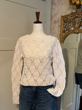 Tommy Hilfiger Women’s Sweater Size S 100% Cotton Cream Open-Knit Crochet